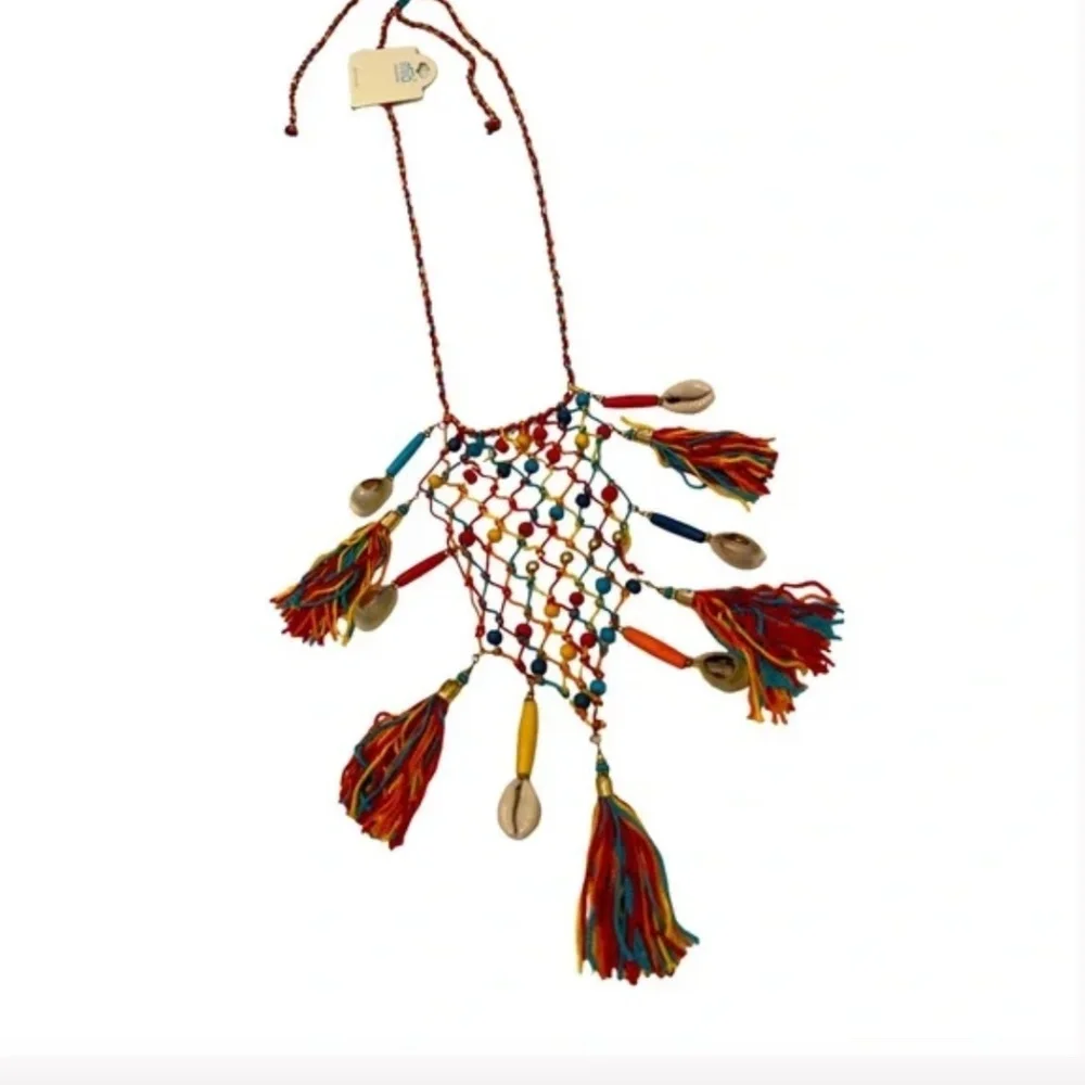 Statement Bohemian Macrame Beaded Necklace Rainbow with shells and tassels NWT
